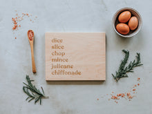 Load image into Gallery viewer, Dice, Slice, & Chop Engraved Wooden Cutting Board