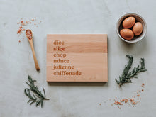 Load image into Gallery viewer, Dice, Slice, & Chop Engraved Wooden Cutting Board