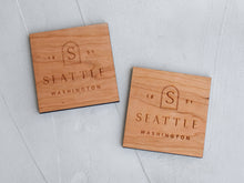 Load image into Gallery viewer, Boho Custom City &amp; State Badge Wooden Coasters • Handmade Set of 4
