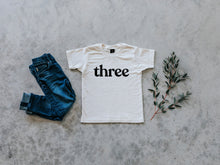 Load image into Gallery viewer, Three Modern Birthday Shirt Organic Kids Tee