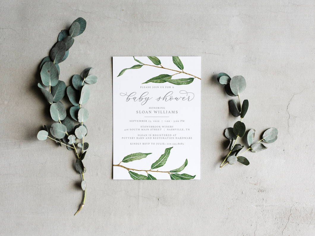Watercolor Willow Branch Baby Shower Invitation Printable