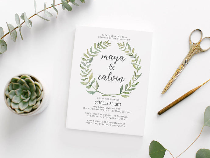 Watercolor Wreath Modern Couples Shower Invitation